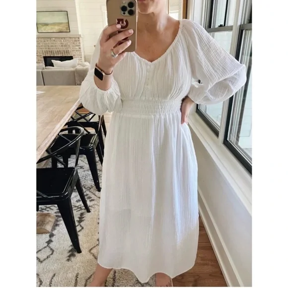 NWT J.CREW White Soft Cotton Gauze V-Neck Long Sleeve Midi Dress M - Picture 2 of 15